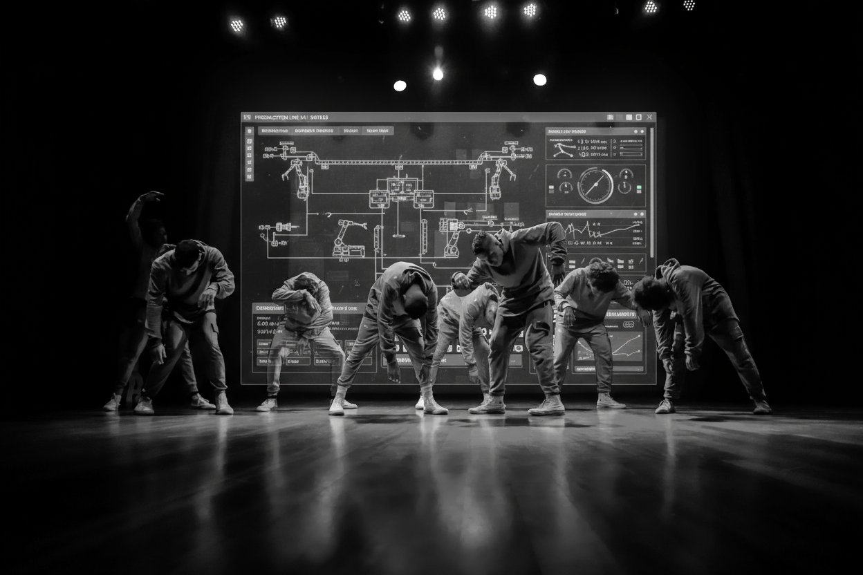 Black and white photo of a group of men performing modern dance on a stage.